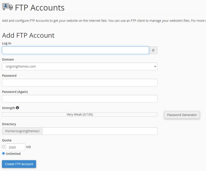 Add FTP Account Creating a New FTP Account